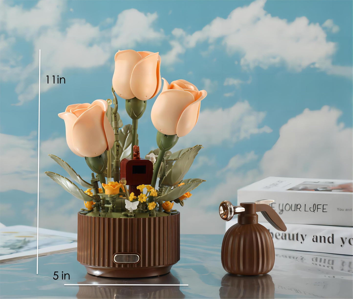 Yushinv Electric Flower Bouquet Building Set with Remote Control Spray-Bottle, 255 PCS,Original Music (Type :Symphony) Motorized Roses Flowers STEM Construction Kit, Automatic Blooming Bouquet