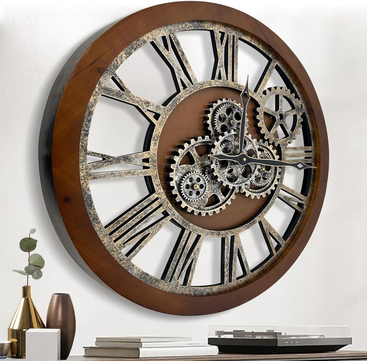 The B-Style Large Wall Clock 24 inch Moving Gear Wall Clock Oversized Vintage Farmhouse Wall Clocks for Living Room Decor Rustic Industrial Wood Clock (Drak Brown and Bronze)