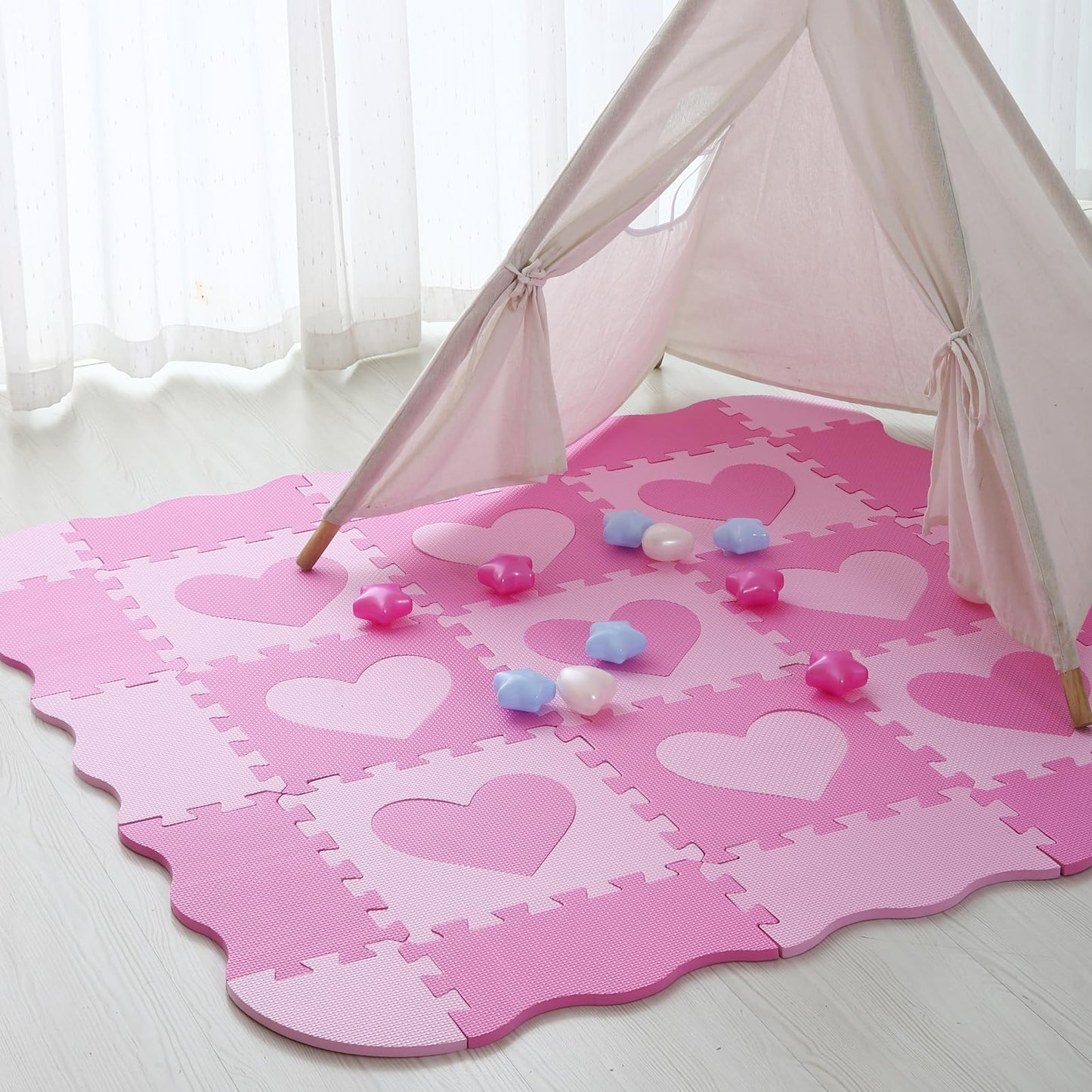 Tamiplay Foam Play Mat for Kids, 25pcs Square Interlocking Puzzle Floor Mat, Baby Toddler Playmat with Fence - Pink Heart