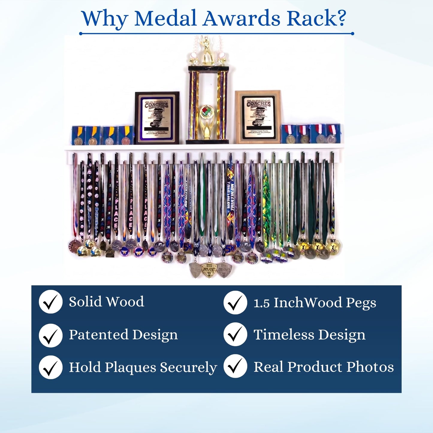 4ft Medal Hanger Display — Trophy Shelf with Hooks for Medals — 48" Solid Wood — Holds 40+ Medals for Running, Gymnastics, Martial Arts, Wrestling, Swimming — White — Medal Awards Rack