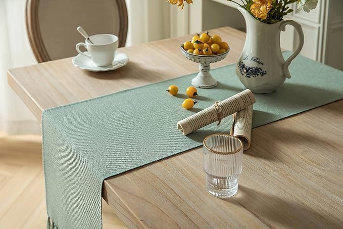 ZeeMart Sage Table Runners 90 Inches Long, Burlap Linen Style Rustic Farmhouse Table Runner, Long Boho Dining Table Runner, 13x90 Inches, Seafoam