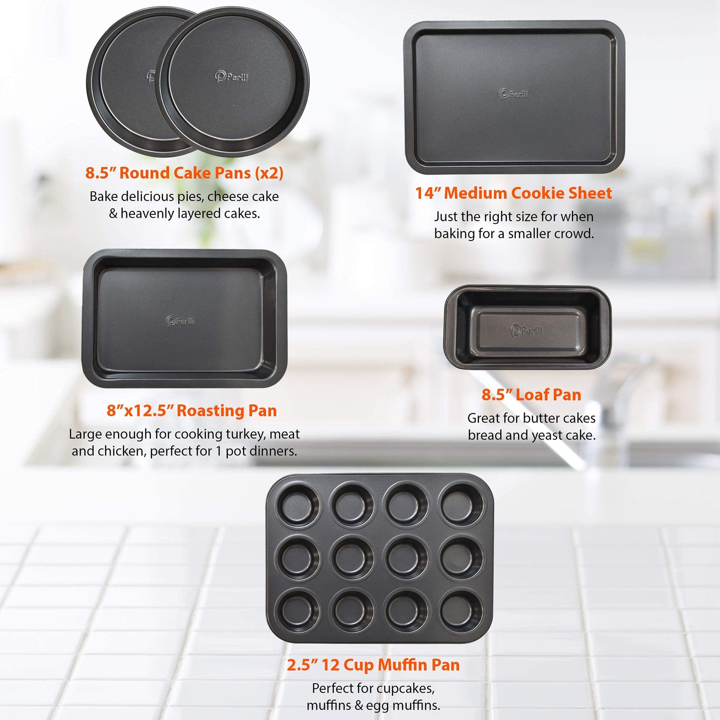 PERLLI Non-Stick 6-Piece Bakeware Set – Carbon Steel with Even Heat Distribution, Oven Safe to 446°F, BPA-Free, Dishwasher Safe, Stackable Baking Tools for Easy Storage and Everyday Cooking - Gray