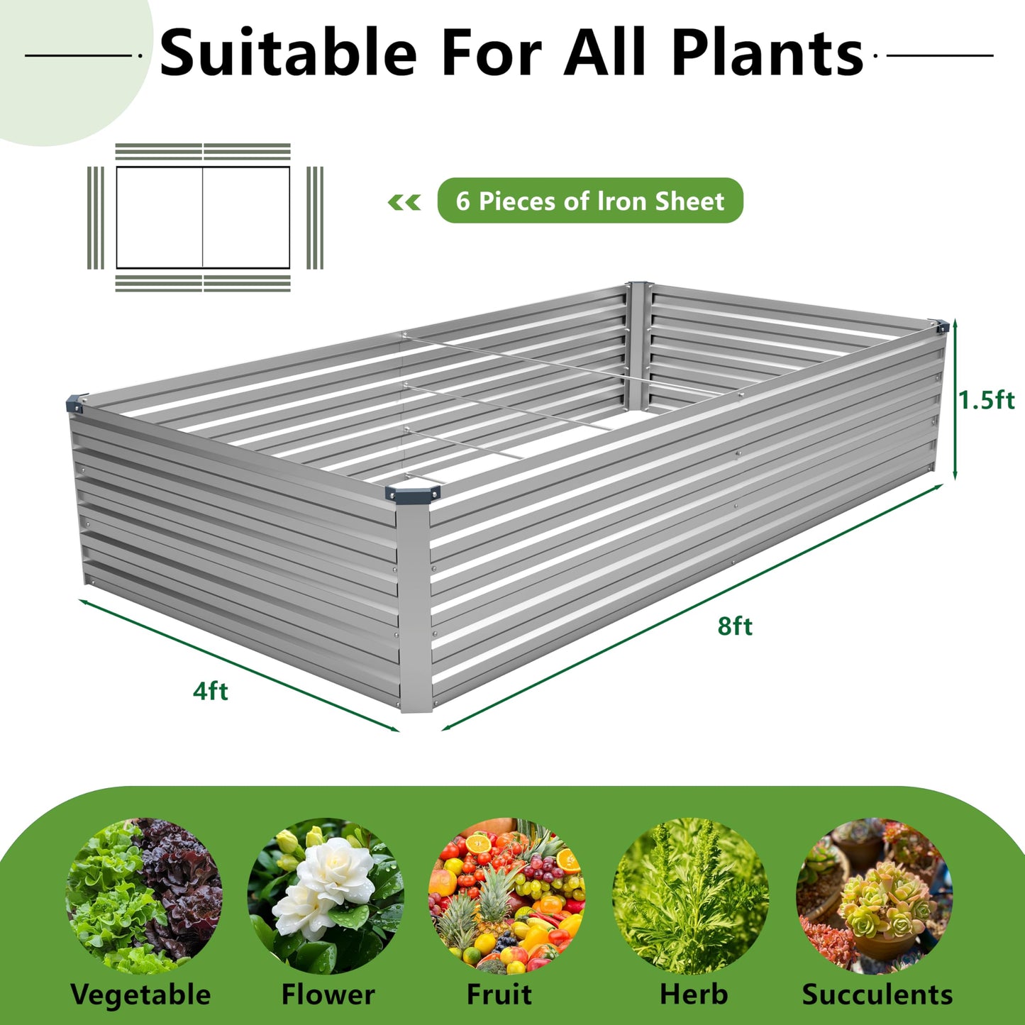DIIYIV 8x4x1.5FT Galvanized Raised Garden Bed,Vegetable Boxes-Rectangle Metal Flower Box,Large Planter Raised Beds Outdoor Garden for Planting,Fruit,Herb-Silver