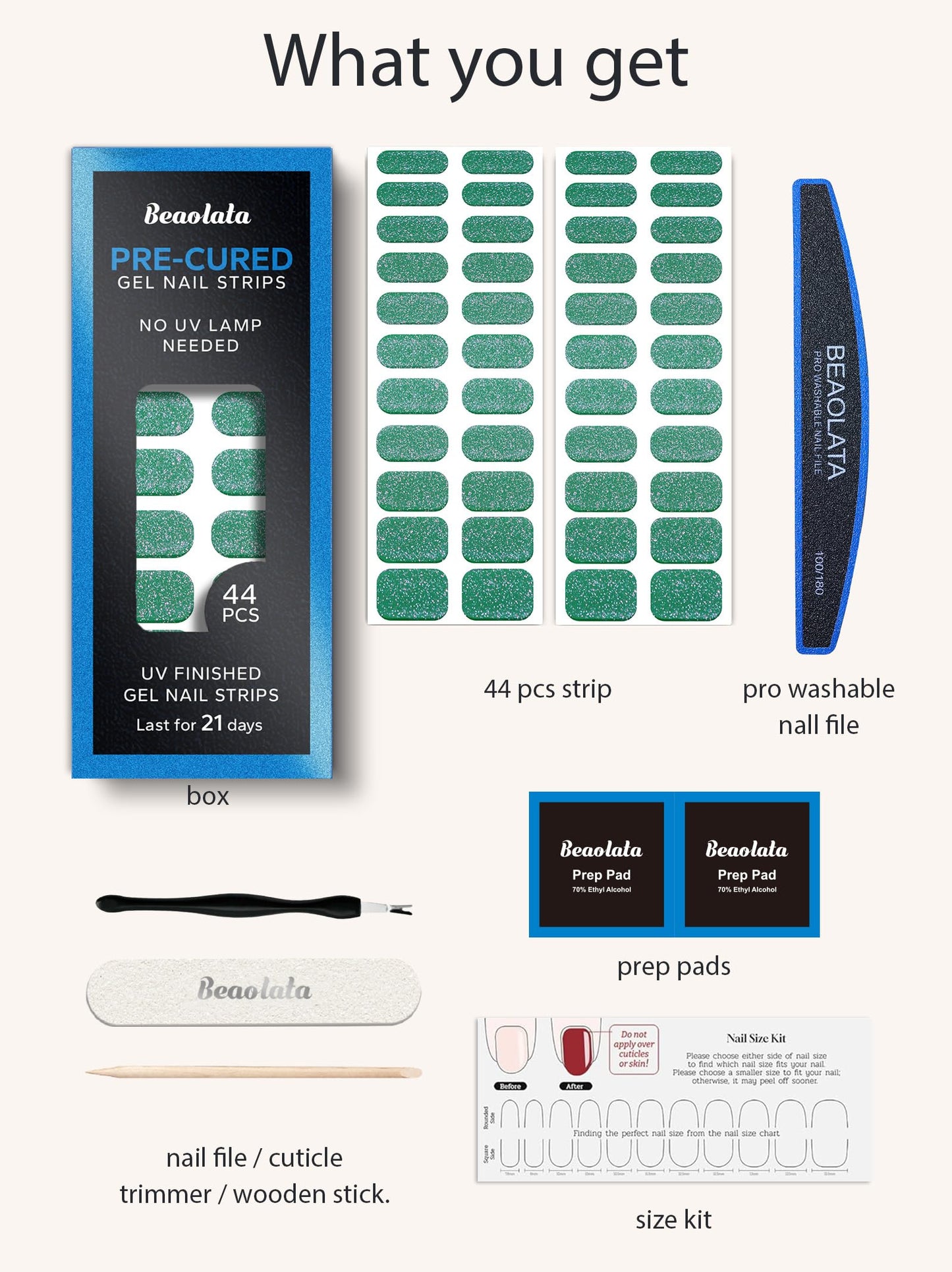 Beaolata Real Gel Nail Strips (No UV Light Needed) - 44Pcs Salon Quality Nail Stickers - Long Lasting Polish Wraps for Women, Easy Apply & Remove (Aquamarine)