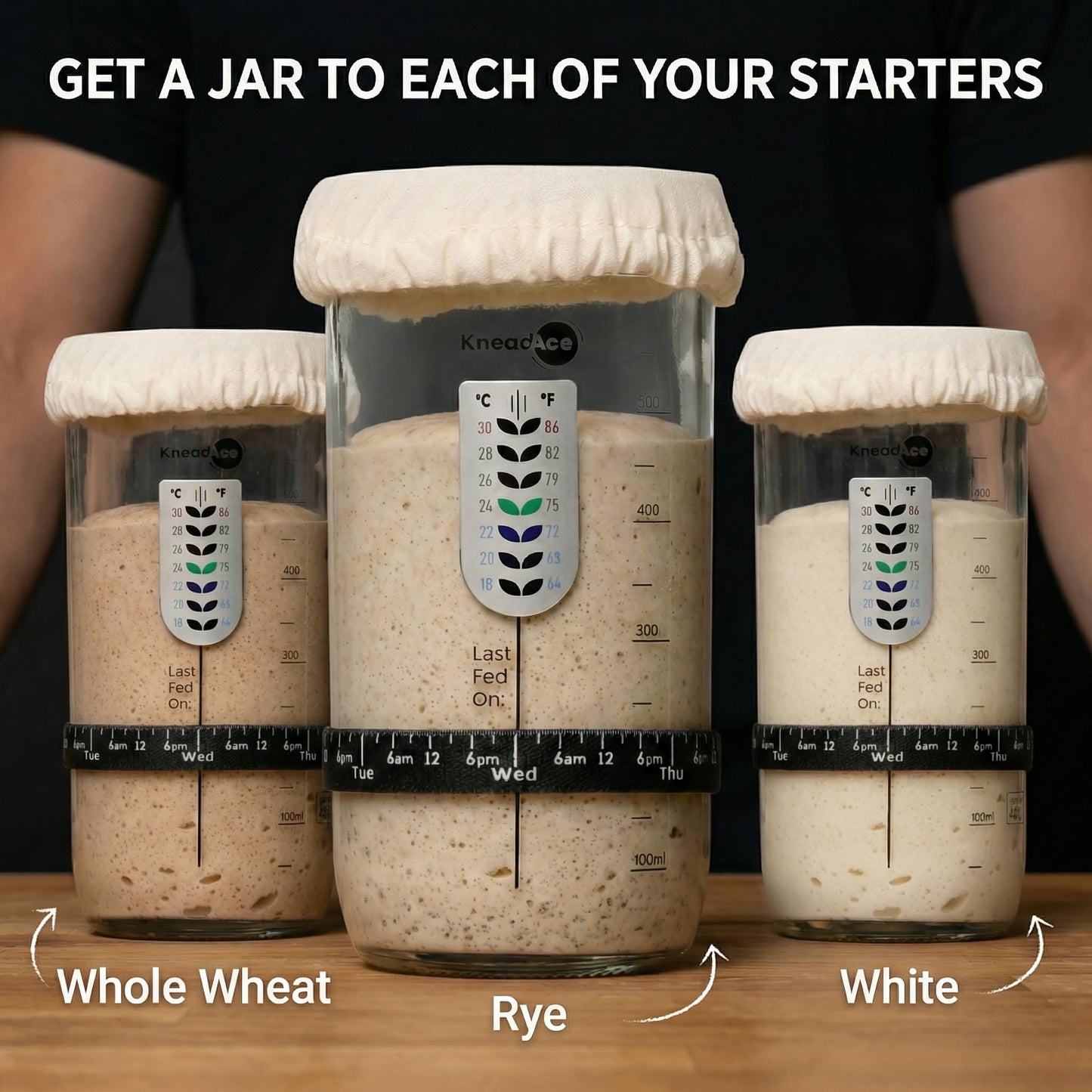 KNEADACE Sourdough Starter Jar With Date Marked Feeding Band, Thermometer, Sourdough Jar Scraper, Sourdough Container Sewn Cloth Cover & Metal Lid, Sourdough Starter Kit