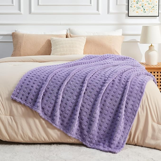 NEWCOSPLAY Super Soft Twin Blanket Lavender Premium Silky Flannel Fleece 3D Waffle Checkered Lightweight Bed Blanket All Season Use (Lavender, Twin(60"x80"))
