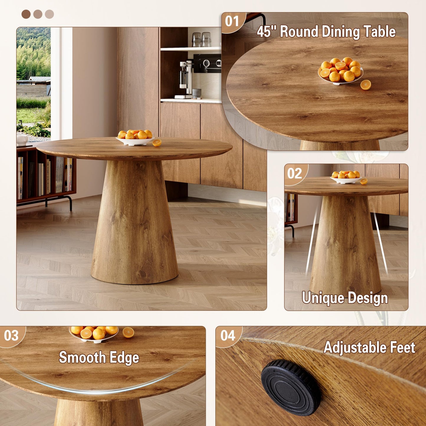 Vohuai 45-Inch Round Dining Table, Wood Round Table for 4/6, Seamless One-Piece Tabletop with Stable Conical Pedestal Base, Mid-Century Modern Round Dinner Table for Small Spaces Kitchen, Urban Family
