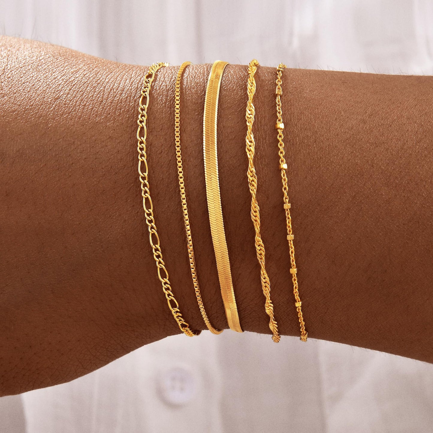 Striviio Gold Bracelets for Women, 14K Gold Plated Stackable Bracelet Stack Set Adjustable Charm Small Square Chain Snake Link Layered Waterproof Jewelry Sets Gifts