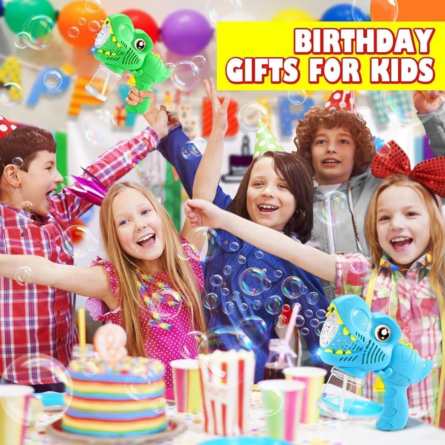 Kids Bubble Gun 2 Pack Dino Bubble Machine Gun for Toddlers with 4 Solutions Outdoor Toys Automatic 13-Hole Bubbles for Kids Blower Maker Easter Basket Stuffers Valentines Gift Party for Boys Girls