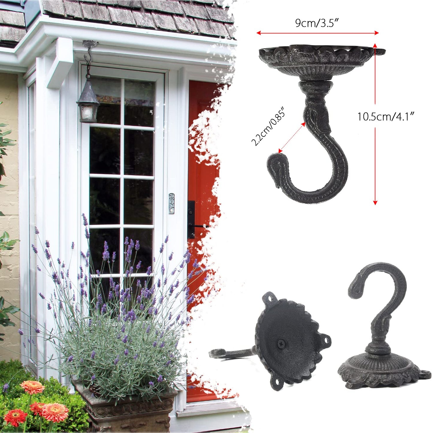 Sungmor Heavy Duty Cast Iron Ceiling Hooks - 2PC Black, 3.5x3.9Inch Decorative Plant Hangers, Indoor Outdoor Swag Hooks for Hanging Plants, Planters, Wind Chimes, Lanterns