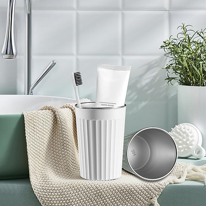 Toothbrush Holder for Bathroom-12oz Unbreakable Stainless Steel Bathroom Cup,Easy to Clean Toothbrush Cup, Reusable Bathroom Tumbler Cups for Home/School/Office(3" x 4.5") (White)