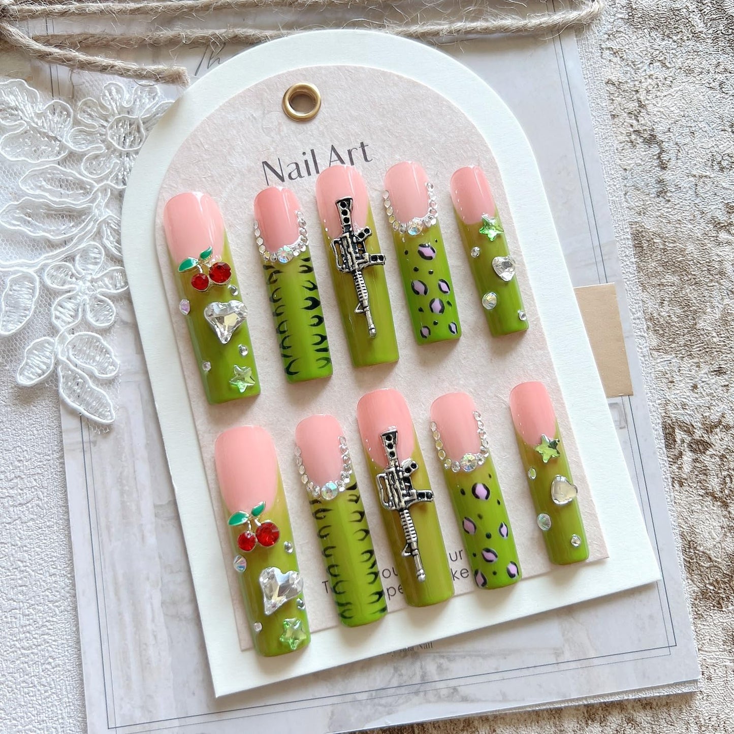 NAIL ANGEL 10PCS/SET Handmade Press on nails Metal Glitter Rhinestone Green Leopard Prints Crystal Cherry Gem Long Coffin Nails Party Nails XXL Long Artifical Tips ZJ-07 (Multi-Color, ZJ07-S)