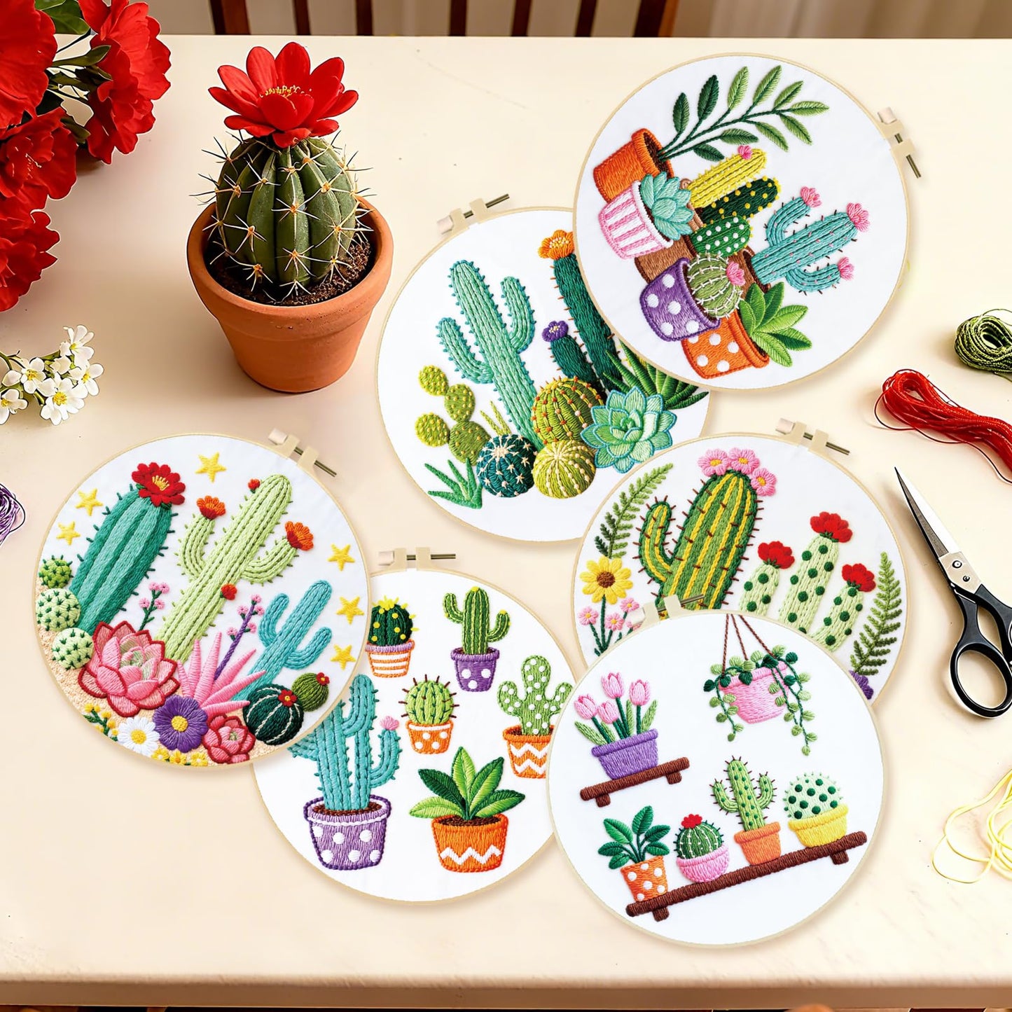 BEUNITONE Cactus Embroidery Kit for Beginners, 6PC Succulent Plant Themed Needlepoint Kits for Adults with Hoops, Threads, Needles, Instructions and Full Kits, DIY Home Decor Craft Gift for Adults