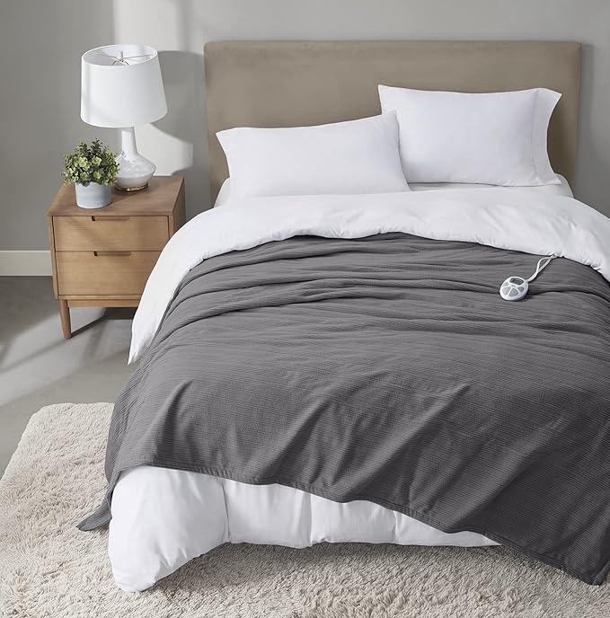 Serta Travis Fleece Ultra Soft Tri-Rib Textured Electric Blanket, Cozy and Snuggly Cover Fast Heating for Cold Weather, Auto Shut Off, Multi Heat Setting Controller, Full, Charcoal