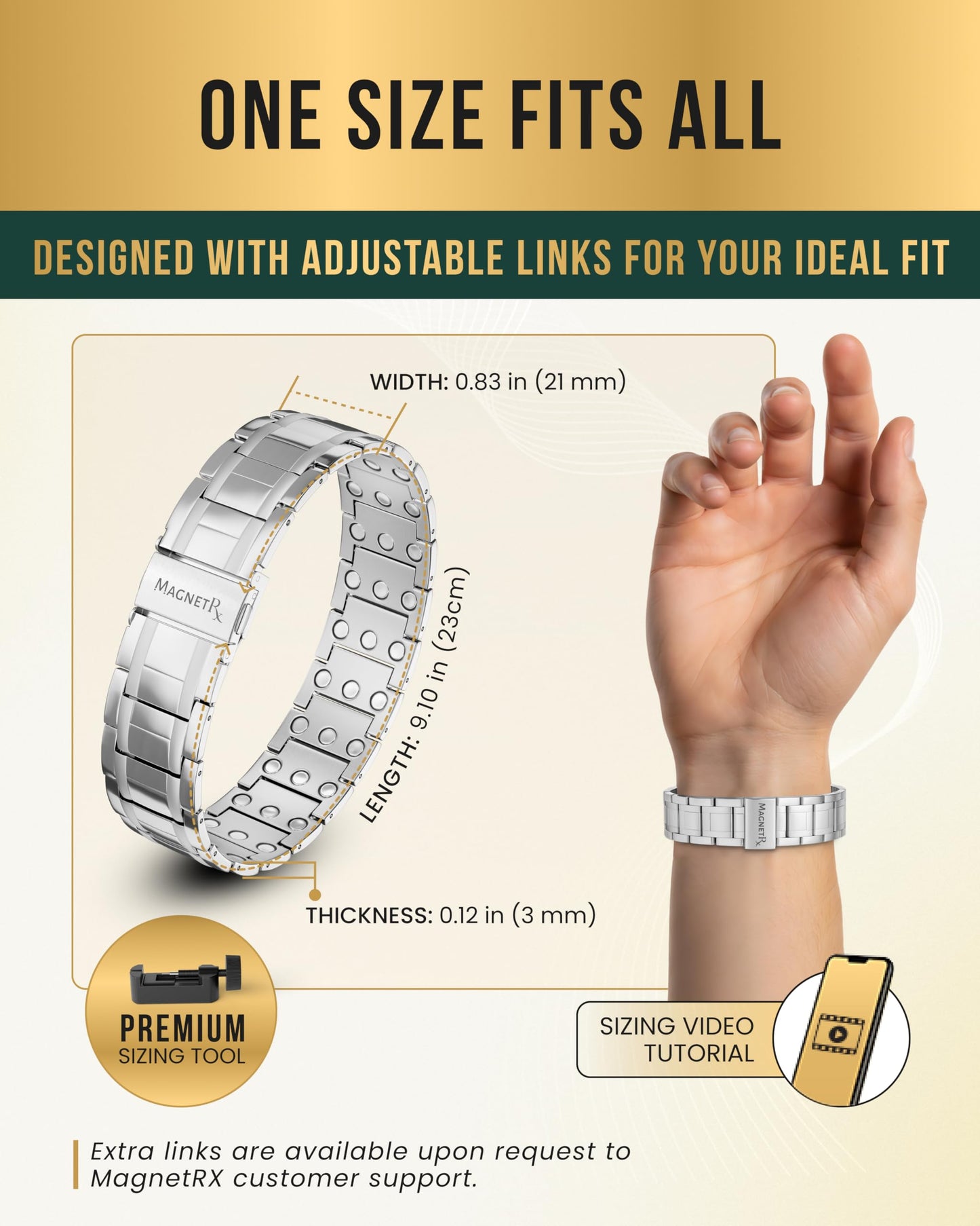 MagnetRX® 3X Strength Mens Magnetic Bracelet – Titanium Magnetic Bracelets for Men – Premium Fold–over Clasp & Adjustable Length with Sizing Tool & Gift Box (Silver)