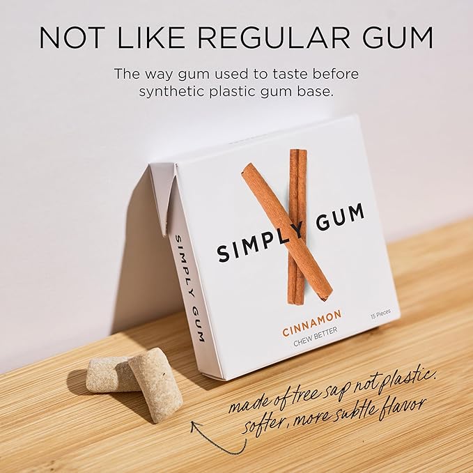 SIMPLY Gum Cinnamon, Plastic-Free Natural Chewing Gum, 6 Pack (90 Pieces) | Vegan, Kosher, Non GMO, Aspartame Free and Sorbitol Free