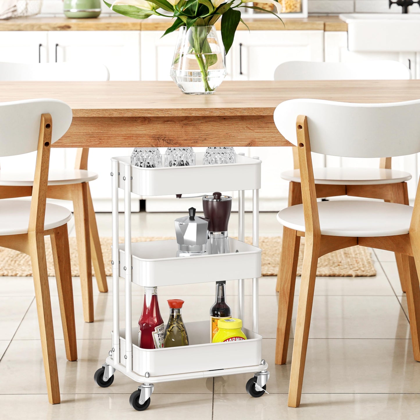 Simple Houseware 3-Tier Compact Utility Rolling Cart, Low 24” Height Fits Under Desk, Space-Saving Storage for Home Office, Dining Room, or Kitchen, White