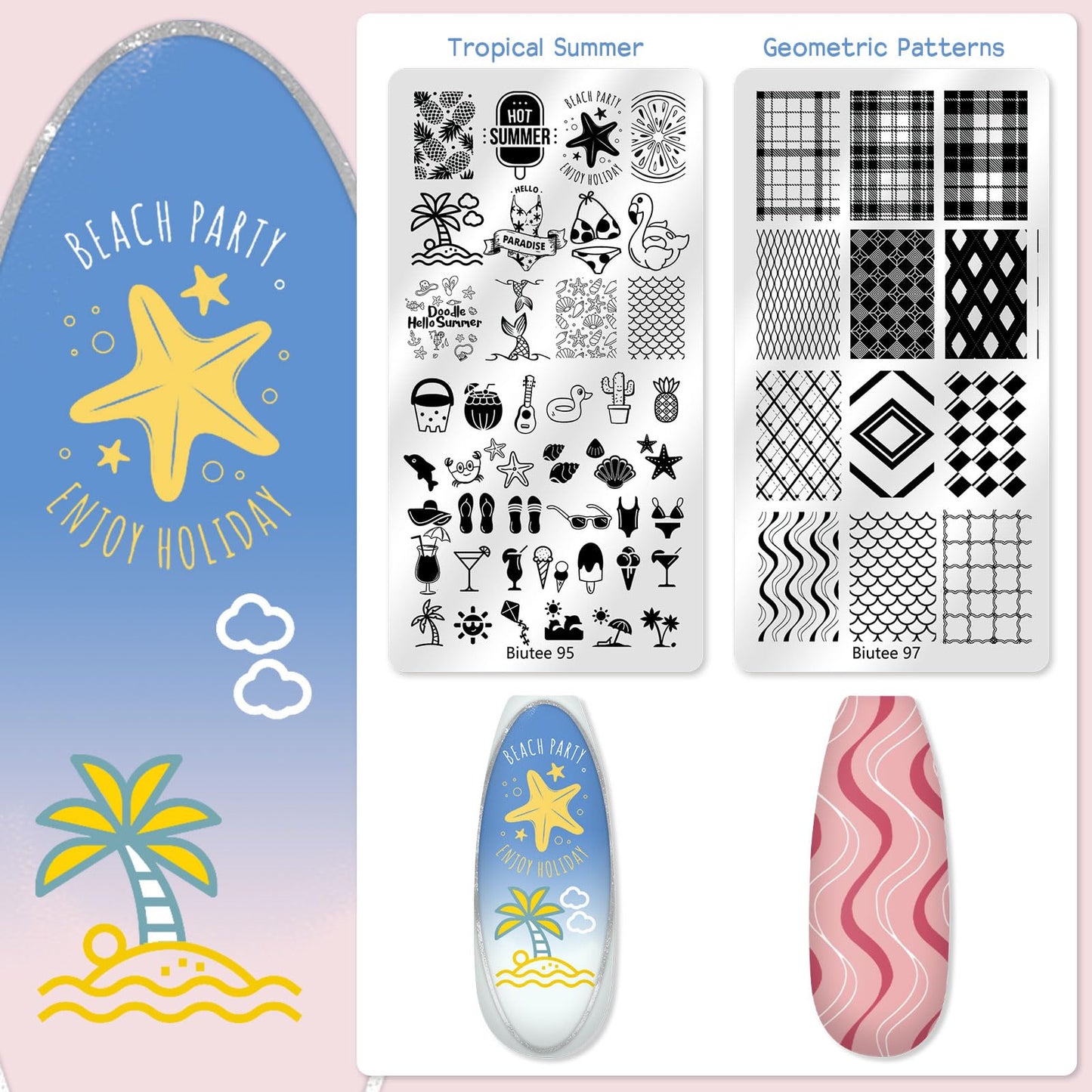Biutee Nail Stamping Plate 16Pcs Nail Stamper Kit 12Pcs Nail Art Stamp Plates with Silicone Stamper, Scraper & Storage Bag, Stamping Plates Star Plaid Flower Butterfly Template Holiday Design Gift