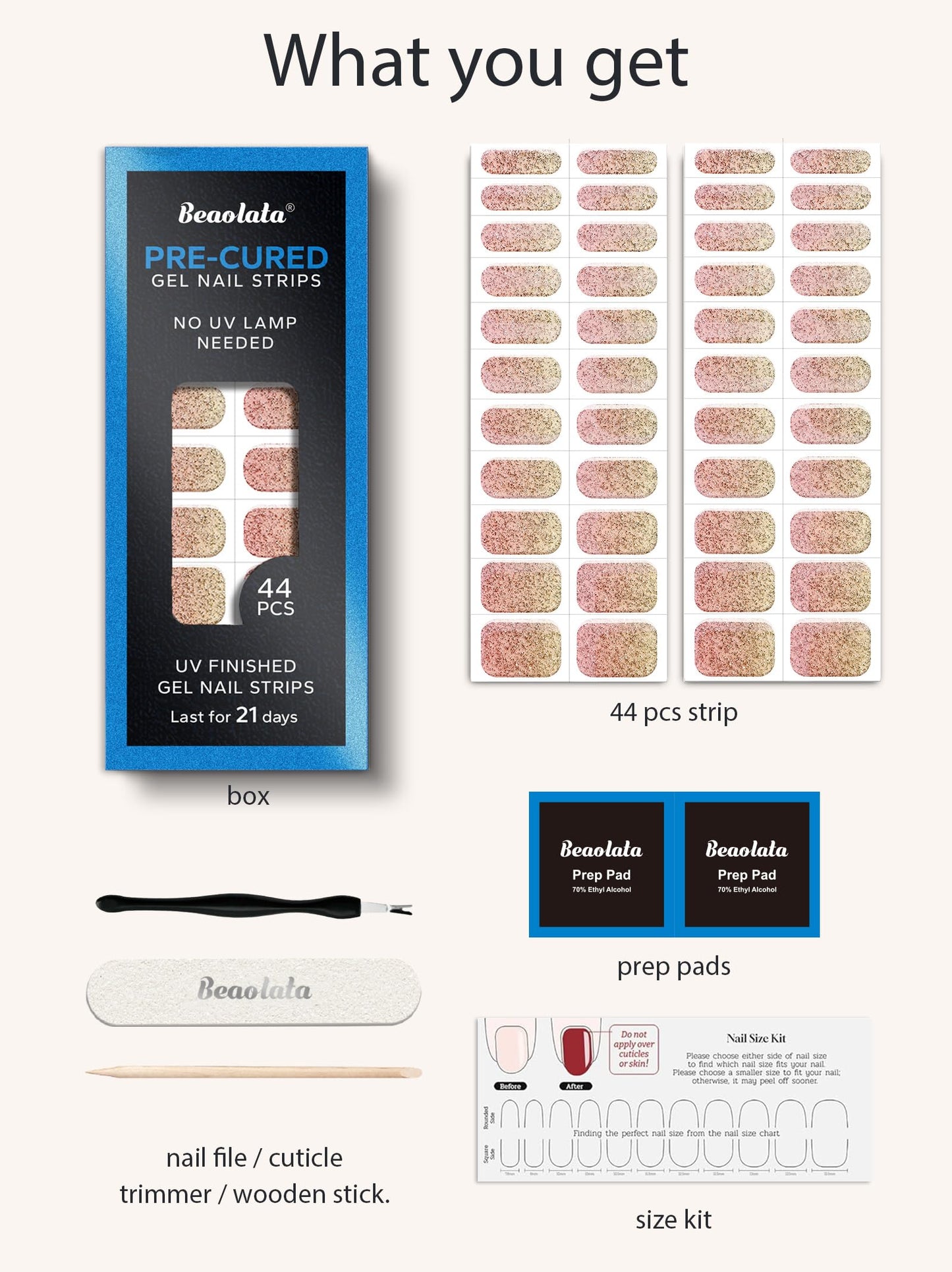 Beaolata Real Gel Nail Strips (No UV Light Needed) - 44Pcs Salon Quality Nail Stickers - Long Lasting Polish Wraps for Women, Easy Apply & Remove (Pink Haze)
