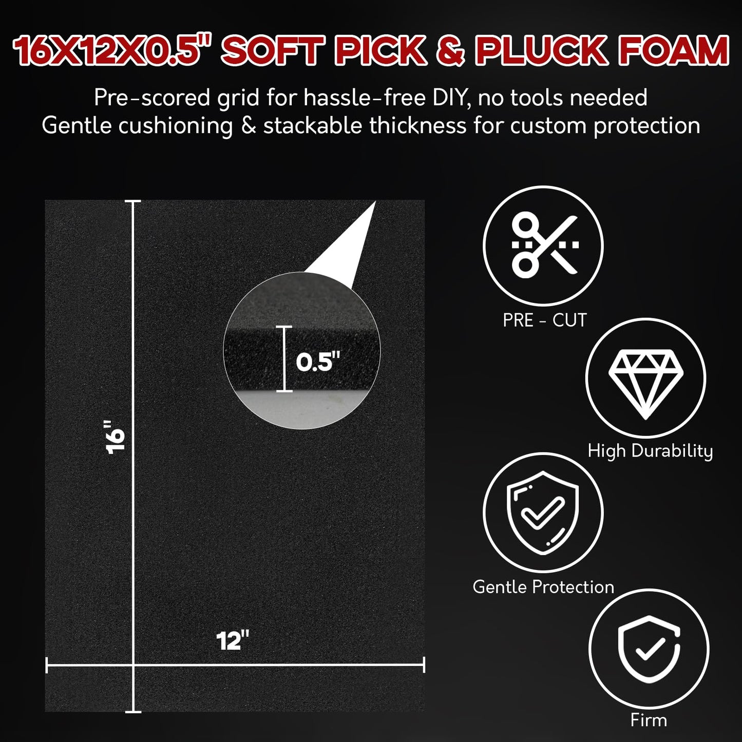4 Pack Pick and Pluck Foam Sheets 16x12x0.5 Inch, Pre-Cut Grid Foam for Case Liner, Drawer Liner, Padding and Storage Protection