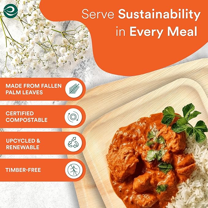 ECO SOUL 7&10 Inch Disposable Palm Leaf Bundle Plates [50 Pack] Premium Food-Safe Heavy Duty Compostable Bamboo Paper Plates for Lunch, Dinner, Weddings, Party, Camping & Catering Events [Square]