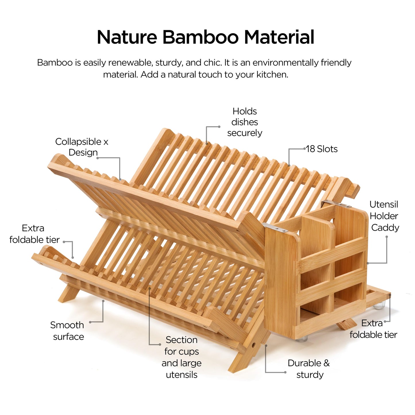 Oyydecor Bamboo Dish Drying Rack with Utensil Holder, 3 Tier Collapsible Dish Rack for Kitchen Counter, Large Folding Drying Holder, Dish Drainer, Kitchen Organizers and Storage