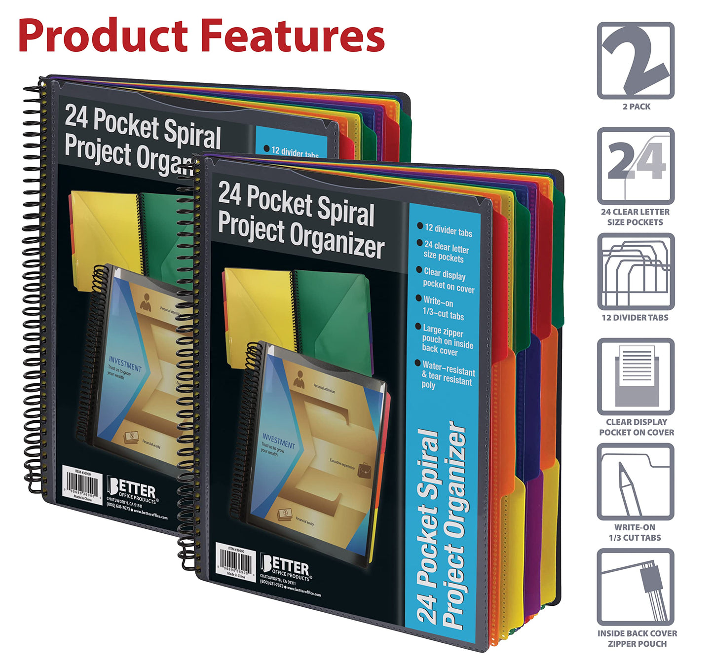 Better Office Products 24 Pocket Poly Spiral Project Organizer (2pack), Heavy Duty, with Utility Pouch, 1/3 Cut Tabs, 12 Tab Color Dividers, Clear View Front Cover, Letter Size, Project Folder,