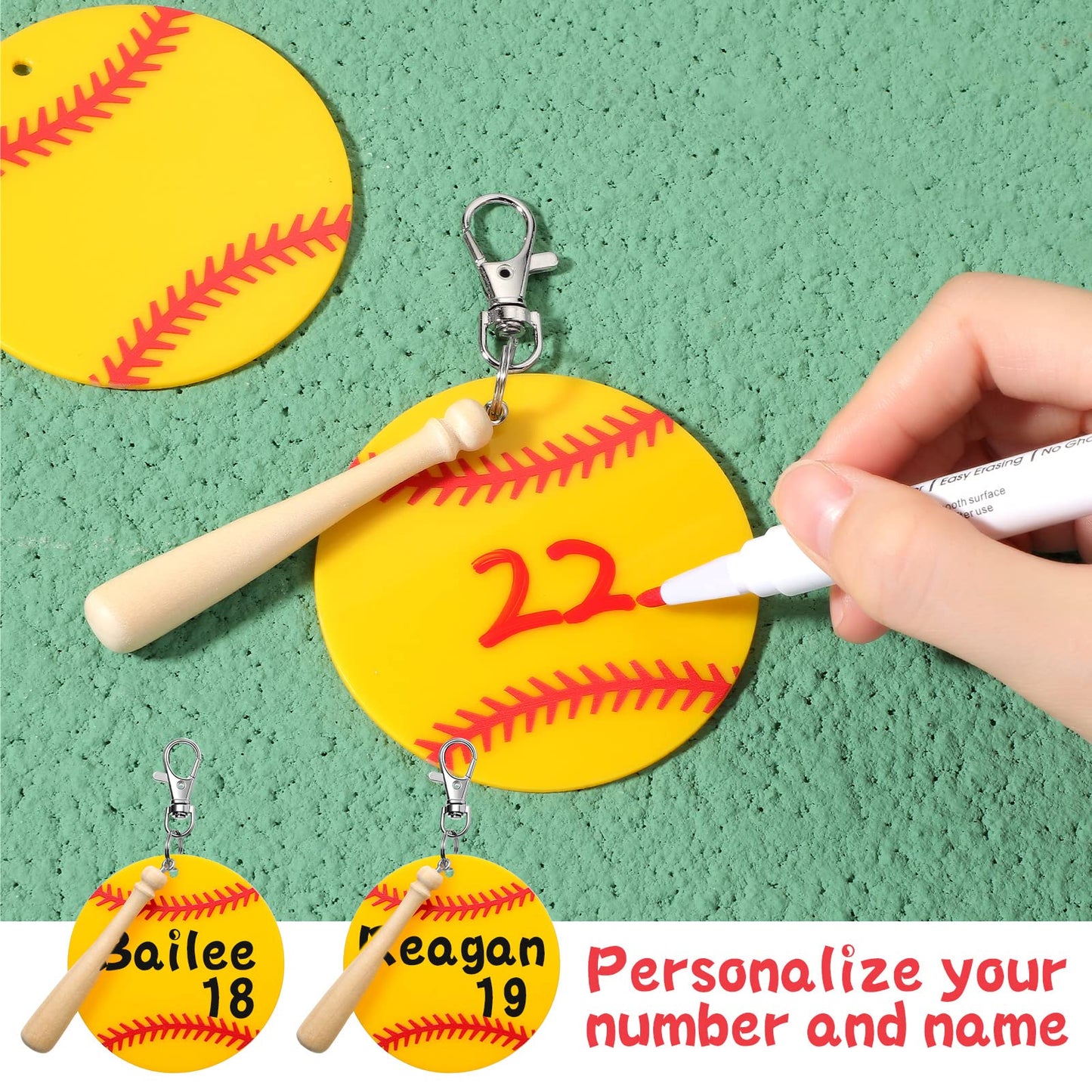 Cunno 36 Pcs Basketball Baseball Softball Tennis Acrylic Keychain Blank Kit 12 Acrylic Keyring 12 Swivel Snap Hook Keychain(Yellow Baseball, 3 Inch)