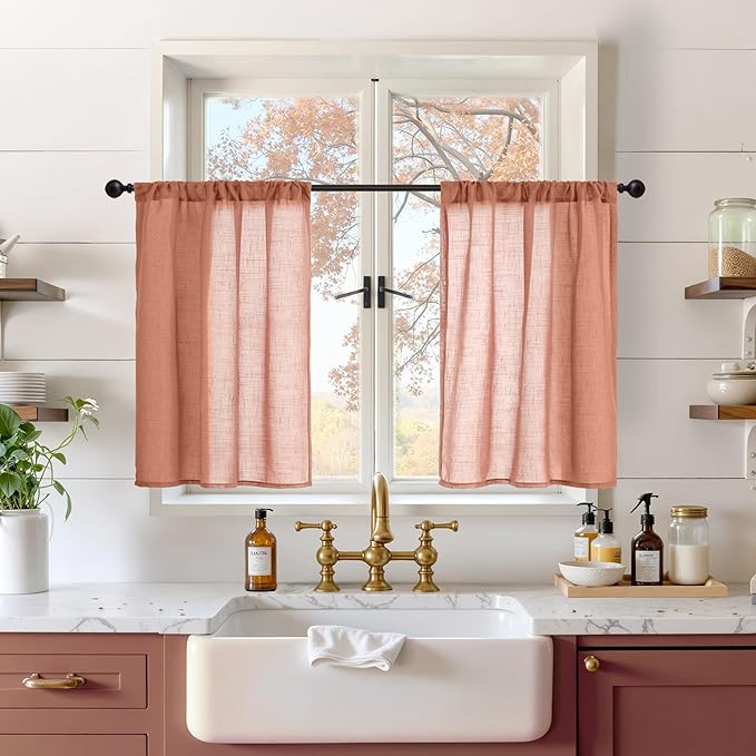 BGment Short Terracotta Linen Curtains 30 Inch Length for Kitchen Window, Semi Sheer Fall Drapes for Cafe Over Sink Half Decor Rustic Textured Rod Pocket Lightweight, 2 Panels, Each 30 Inch Wide