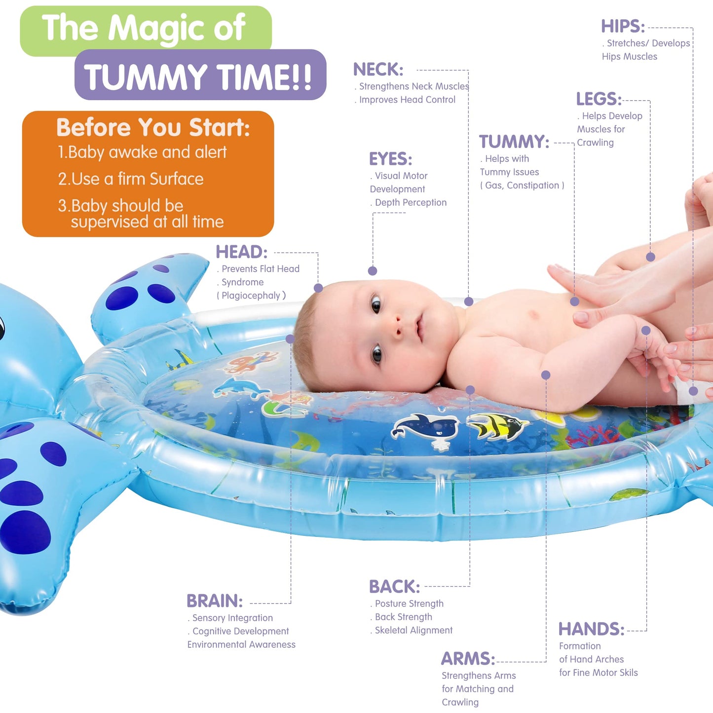 Gebra Sea Turtle Tummy Time Water Mat – Inflatable Baby Play Mat for 3–12 Months Boys & Girls, Sensory Activity Toy & Gift for Visual and Muscle Development