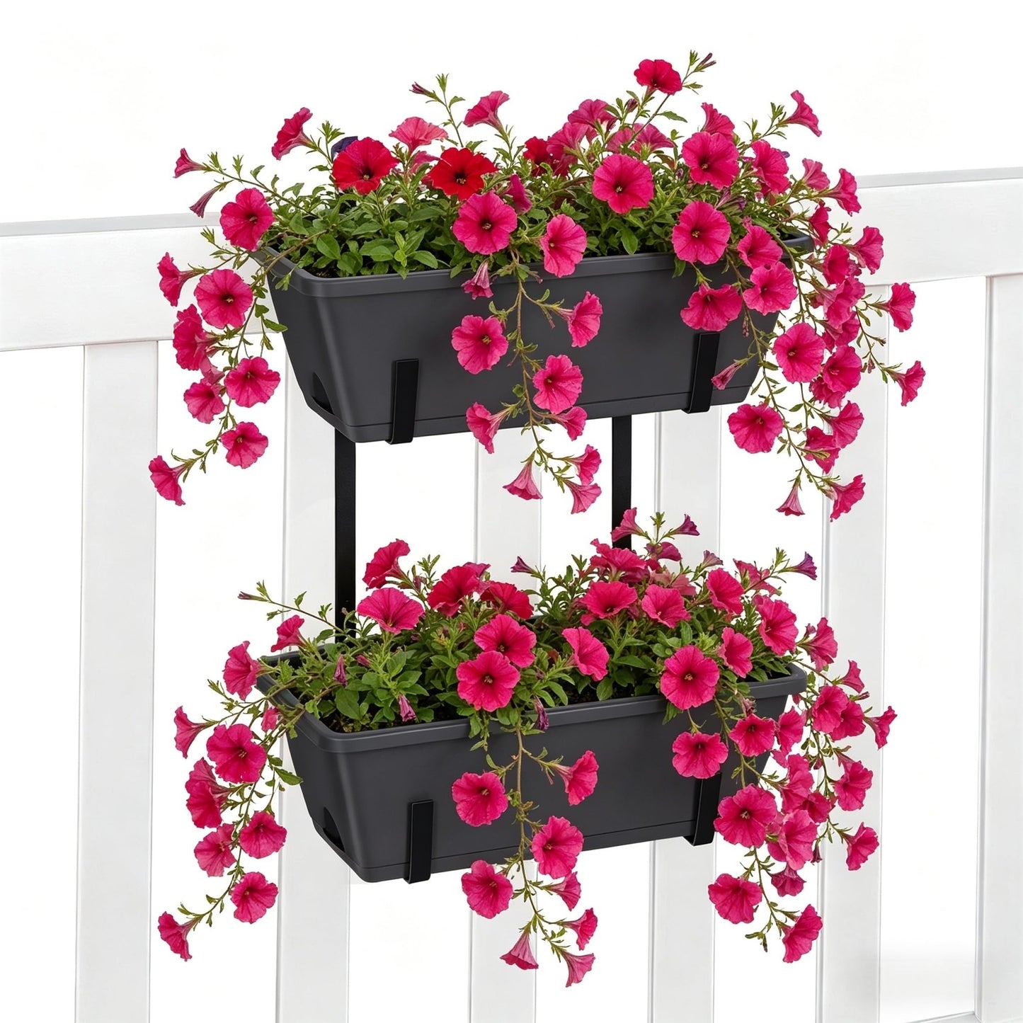 Railing Planter Box 2 Pack Rectangular Window Boxes Planters with Double Adjustable Brackets, Balcony Deck Railing Hanging Planters Herb Flower Pots for Indoor Outdoor Plants Garden Fence Rail