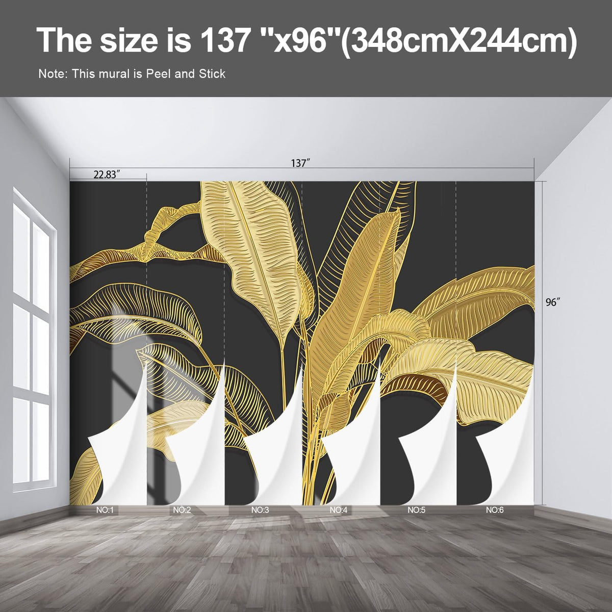Gold Banana Leaf Wall murals Peel and Stick Wallpaper for Bedroom Living Room - 96"x137"