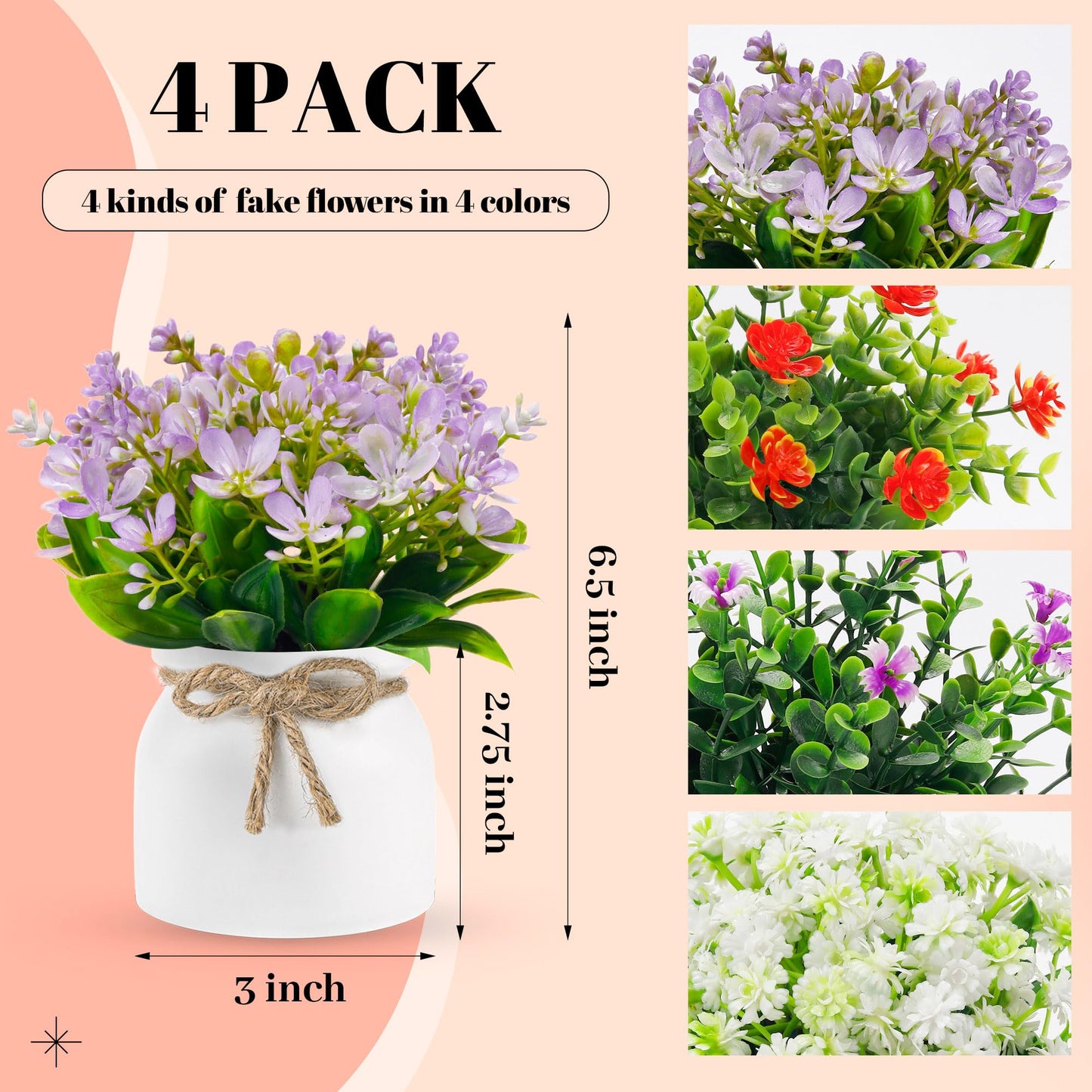 Der Rose 4 Pack Fake Flowers Small Artificial Faux Plants Indoor Summer Spring Decor for Centerpiece Table Decorations Home Office Desk Wedding Apartment Decor