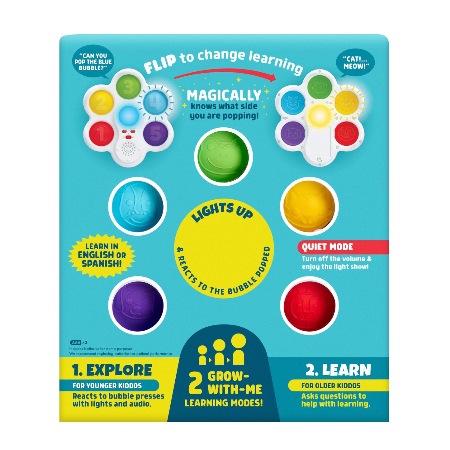 Chuckle & Roar - Pop It! and Learn - Educational and Electronic Popping Toy - Learn Numbers & Letters in Spanish or English - Great for Ages 6 Months to 2 Years