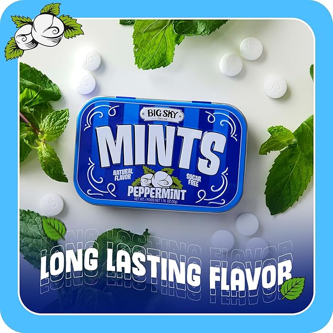 Big Sky Sugar Free Peppermint Mints - 50 Count Tin (Pack of 6) | Kosher Certified, Vegan Peppermint Candy | Aspartame & Gluten Free | Natural Breath Mints for Travel & Sharing, Long Lasting Freshness