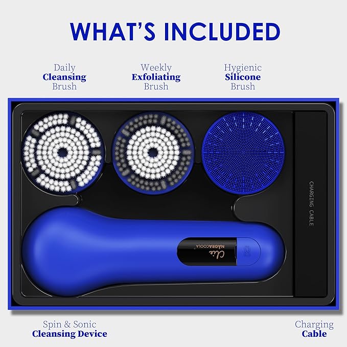 Face Scrubber, NågraCoola 3.0 Facial Cleansing Brush, Waterproof & Rechargeable Face Scrub Brush for Men& Women, Electric Facial Exfoliator with 3 brushes, 3 Intensities, 2 Modes with Eye Rollor-Azure