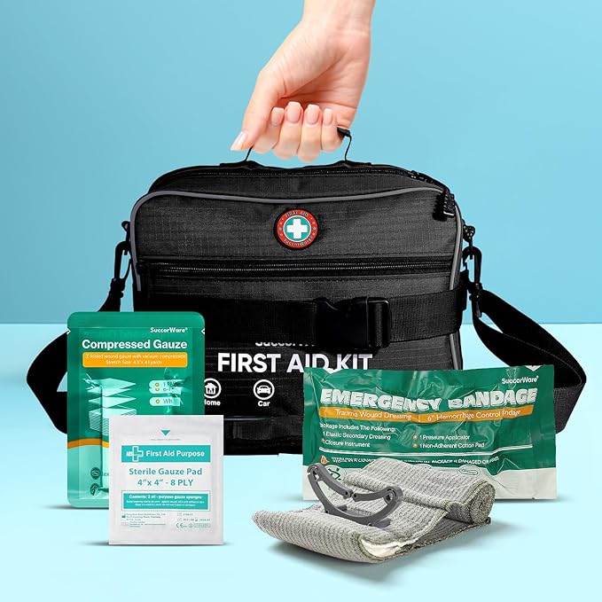 Professional 435 Pieces Large First Aid Kit - Includes Compressed Gauze - Compartments Emergency Medical Kit for Home, Camping, Backpacking, Travel, Boat, Car,Outdoors (Black)