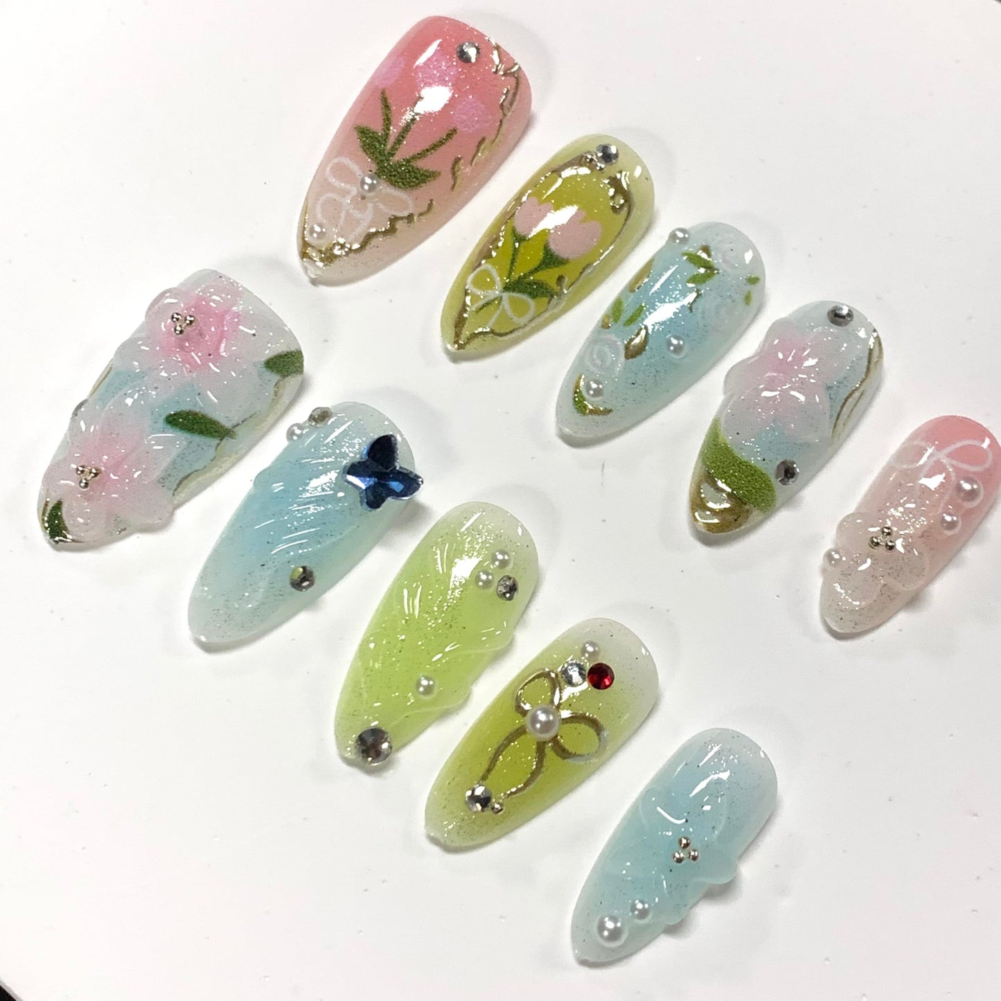BABALAL Spring Press On Nails Almond, Medium Fake Nails, Pink Green Ombre With 3D Floral & Butterfly 3d Handmade Design, Glue On Nails 30Pcs