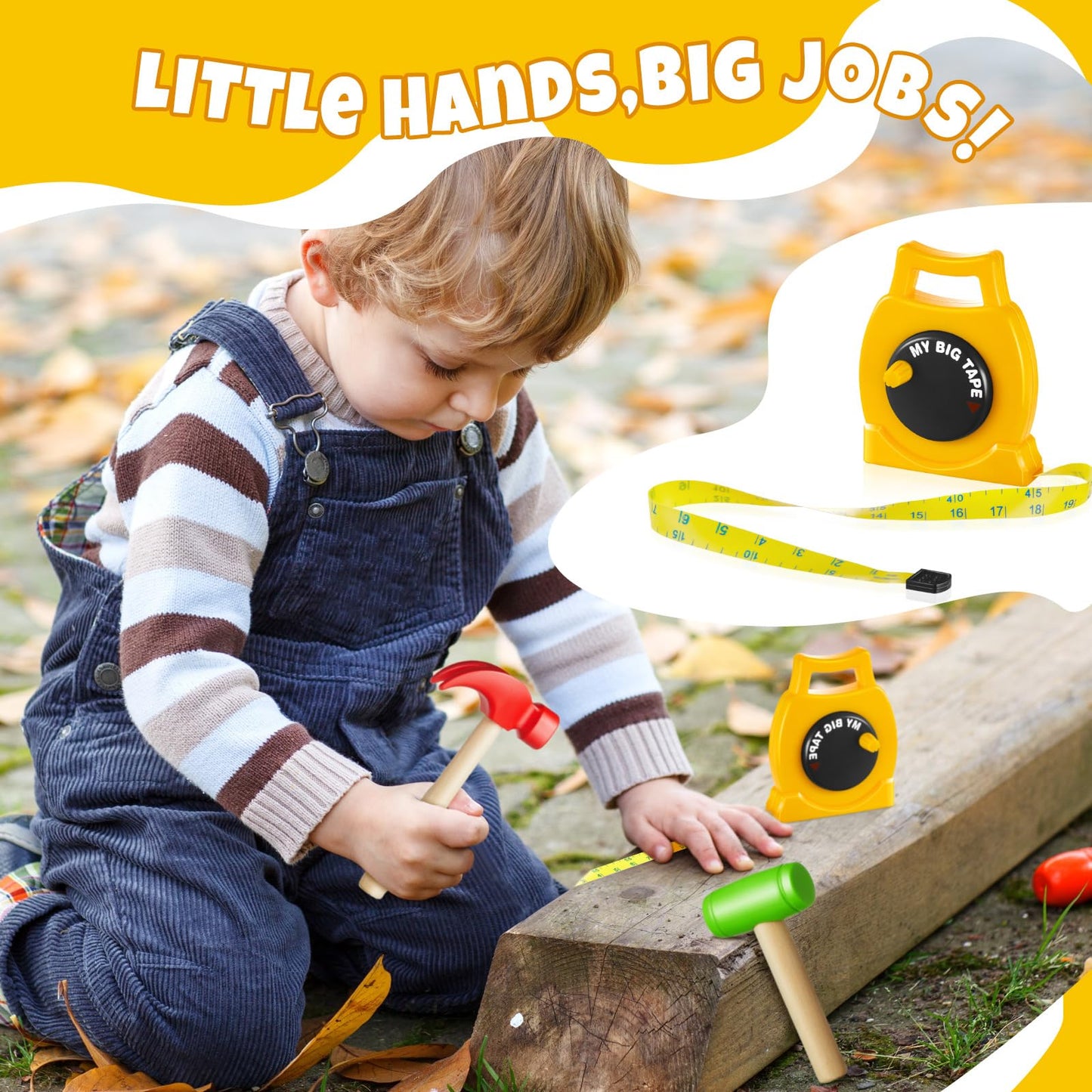 Wovnet 1 Pcs Kids Measuring Tape Toy and 2 Pcs Hammer Simulation Wooden Plastic Mallet Toy for Kids Toddler Back to School Educational Learning