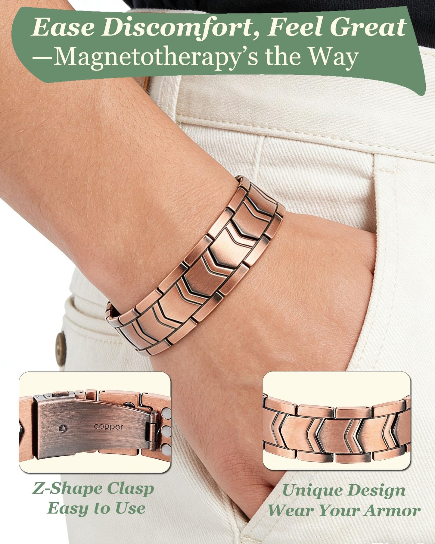 Krilicy 99% Pure Copper Bracelet for Men with 3X Ultra Strength Magnet Bracelet,Adjustable Length with Sizing Tool