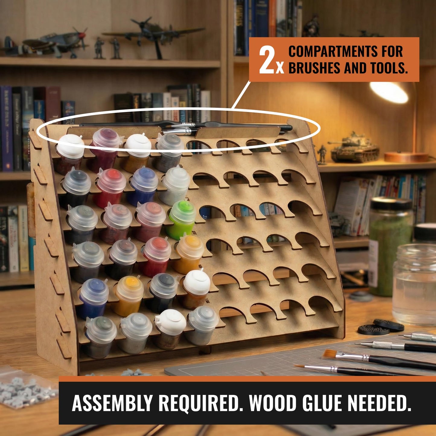 PROSCALE Wall Paint Rack Organizer for Miniatures & Modeling, Vertical Paint Stand with 33mm Pot Holes + Top Brush/Tool Holder, Compatible with Citadel (33mm)