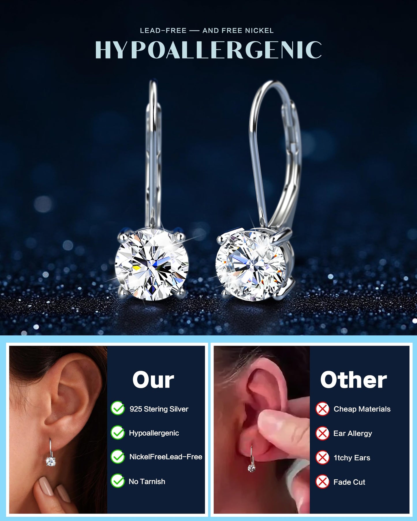 Blahanna Moissanite Earrings,1.0ct D Color Brilliant Round Cut Earrings S925 Sterling Silver Dangle Earrings Moissanite Leverback Drop Earring silver 6.5mm