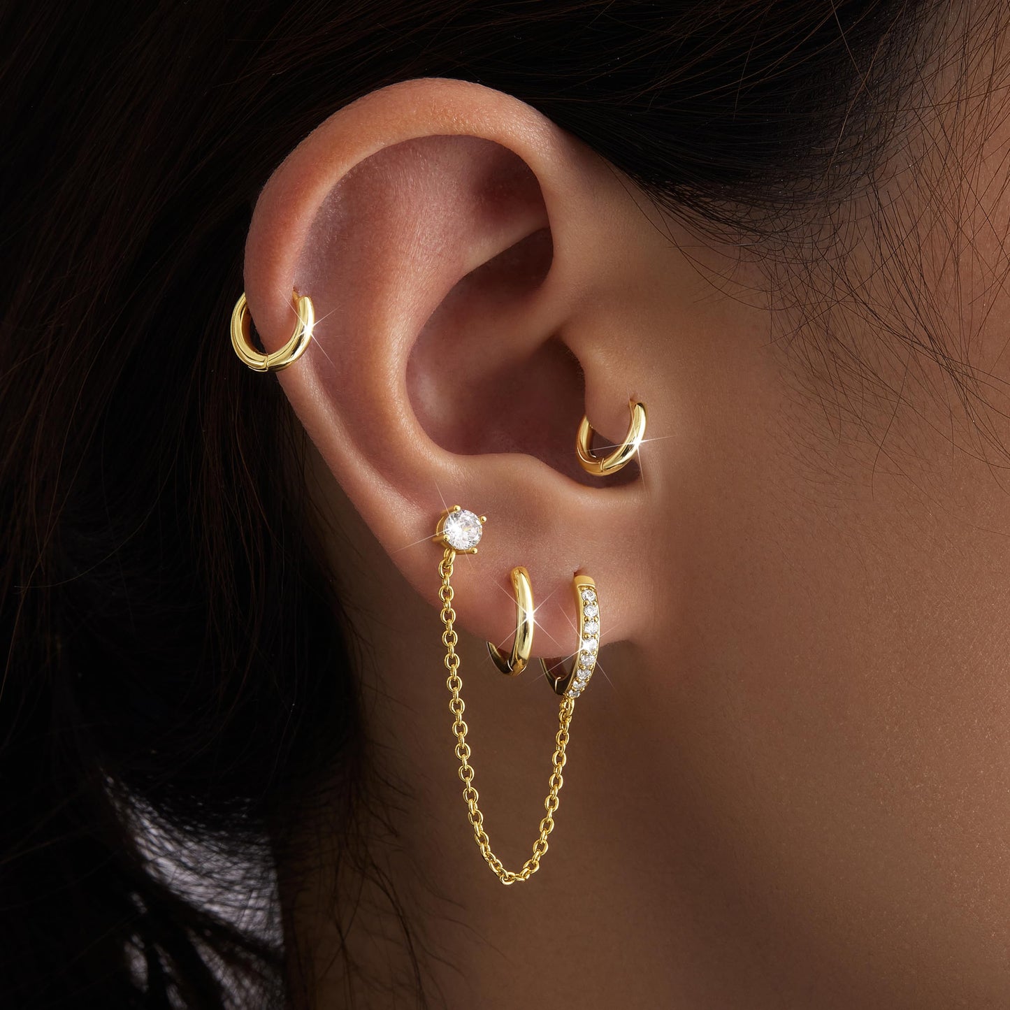 Gold Chain Hoop Stud Earrings for Women, Huggie Small Stack Cartilage Chain Hoop Stud Earring Sets for Multiple Double Piercing, Conch Helix Rook Tragus Daith Piercing Clip On Jewelry Set Gifts for Women