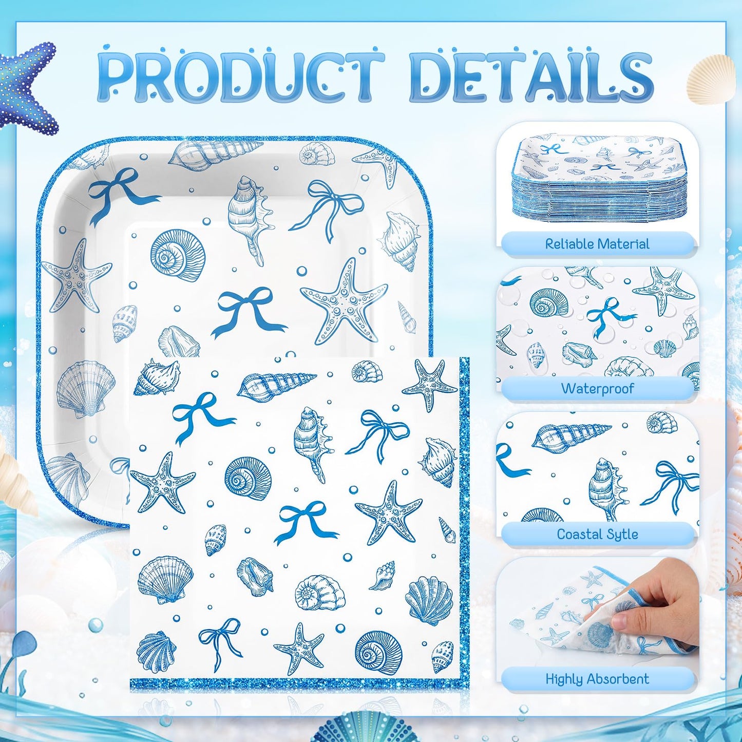 Zhehao 72 Pcs Coastal Seashell Plates and Napkins Set Serve 36, 7" Ocean Beach Party Supplies Disposable Blue Bow Starfish Seashell Beach Bachelorette Under The Sea Dinnerware Decoration