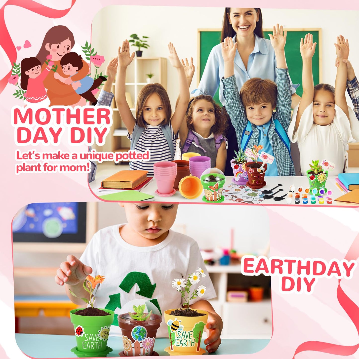 SiliFine 24 Sets Spring Kids Plant Growing Kit Flower Pots Cupcake Plant Nursery Pots Gardening Kit for Kids with Paint and Stickers Labels Name Tag for Easter Mothers Day Craft Bulk Classroom