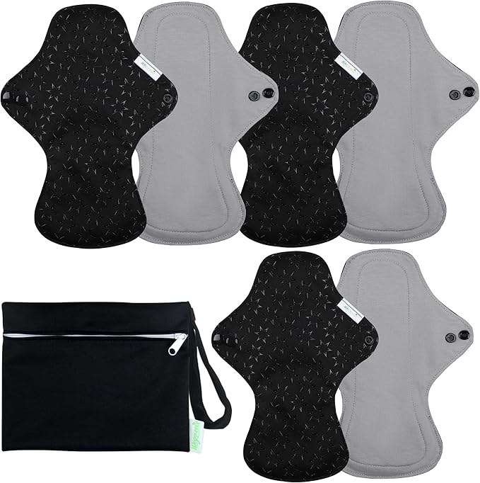 wegreeco 6 Pcs Reusable Menstrual Pads, Ultra Absorbent Cloth Pads for Heavy Flow, Sanitary for Teens, Women, Nonslip, Grey Inner, Black Outer, Large