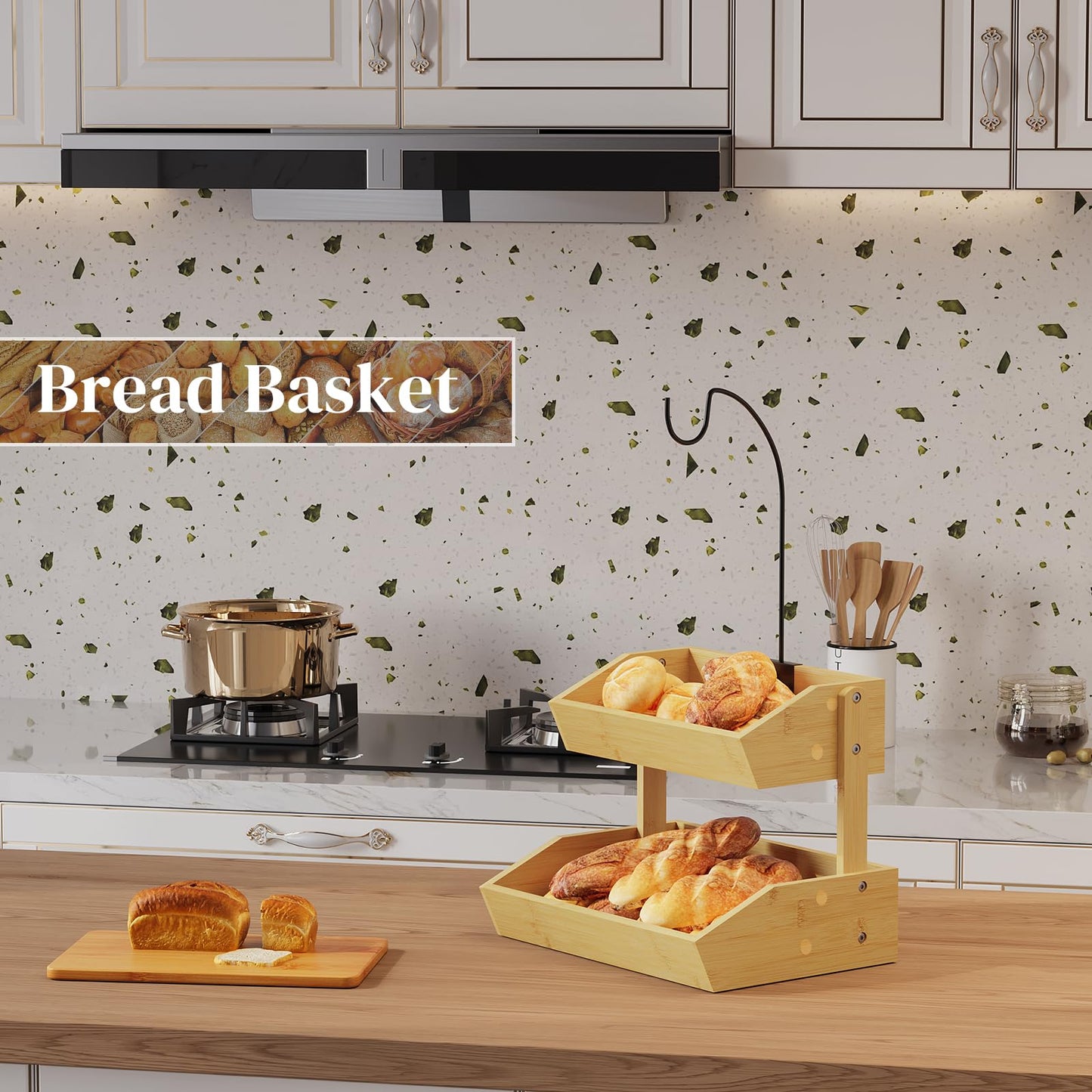 PULIJIAJU Bamboo Fruit Basket, Fruit Holder With Banana Hanger, Fruit Bowl, Kitchen Counter For Fruit and Vegetable Storage, Bread Basket, Snack Organizer Holds (Natural, 2-Tier)