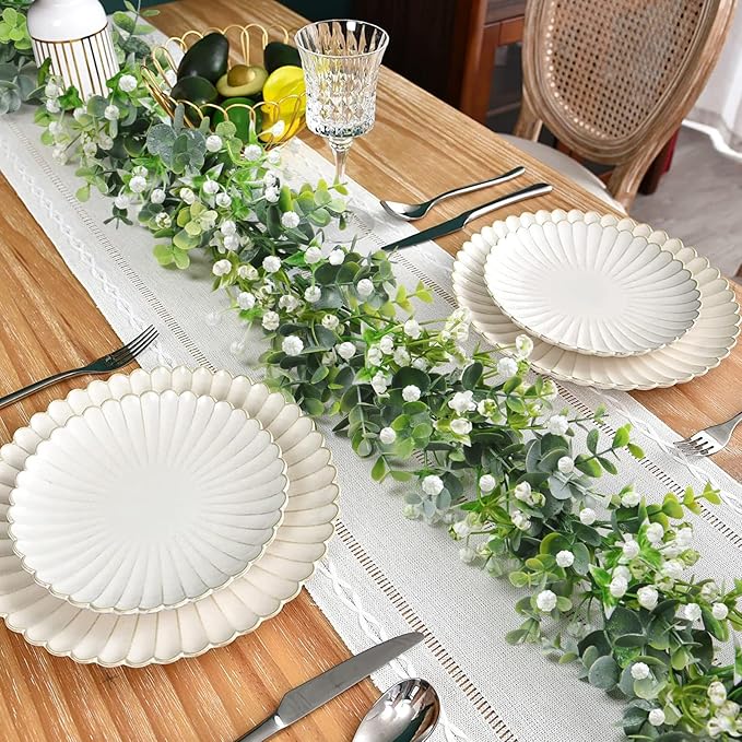 Faux Eucalyptus Garland 4 Pack – 24ft Artificial Greenery Vine with White Flowers for Wedding, Party & Mantle Decor