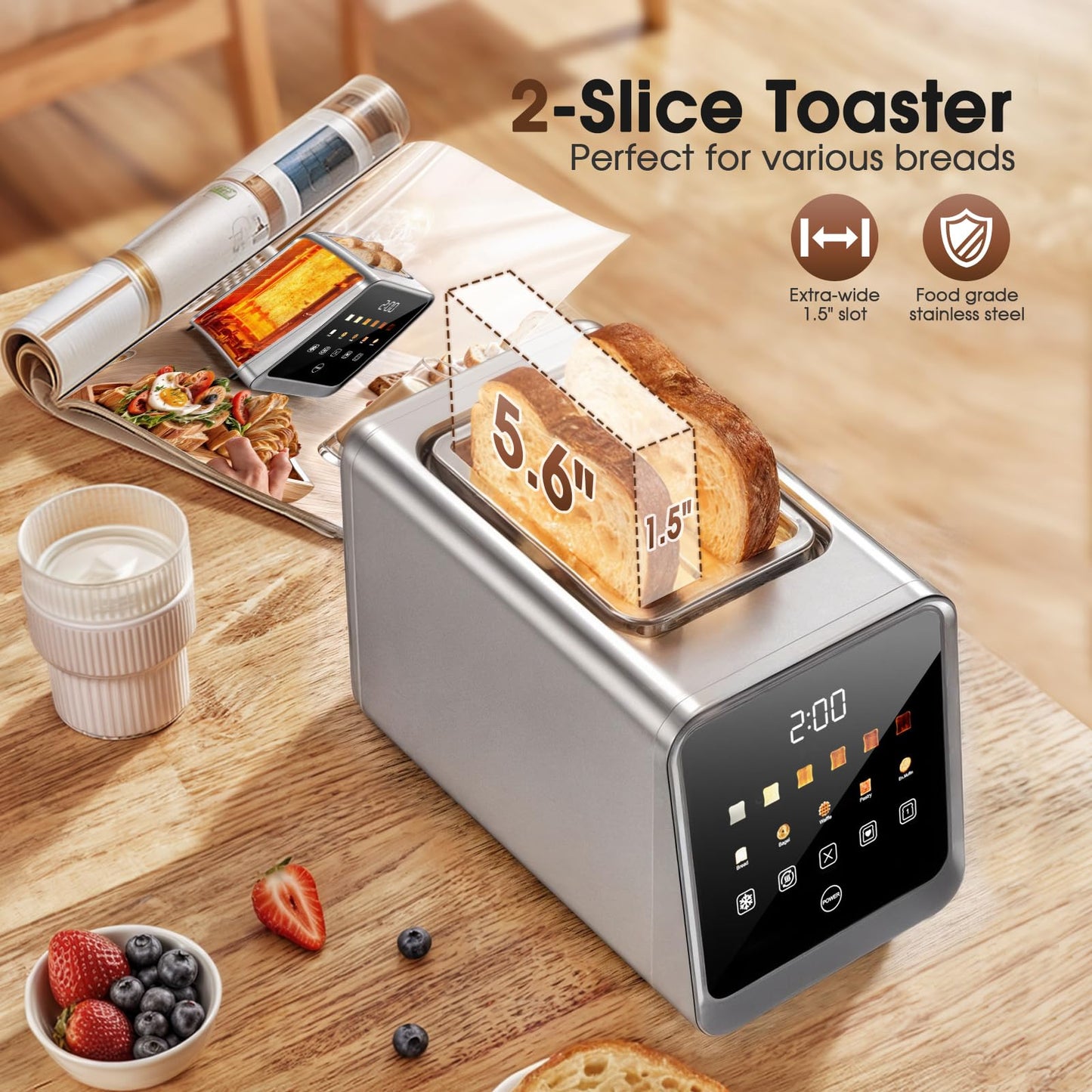 Touch Screen Toaster 2 Slice, Stainless Steel Smart Digital Toasters with Single Slot Toasting, Memory Function, 5 Bread Types & 6 Shade Settings,1.5" Wide Slot, 900W