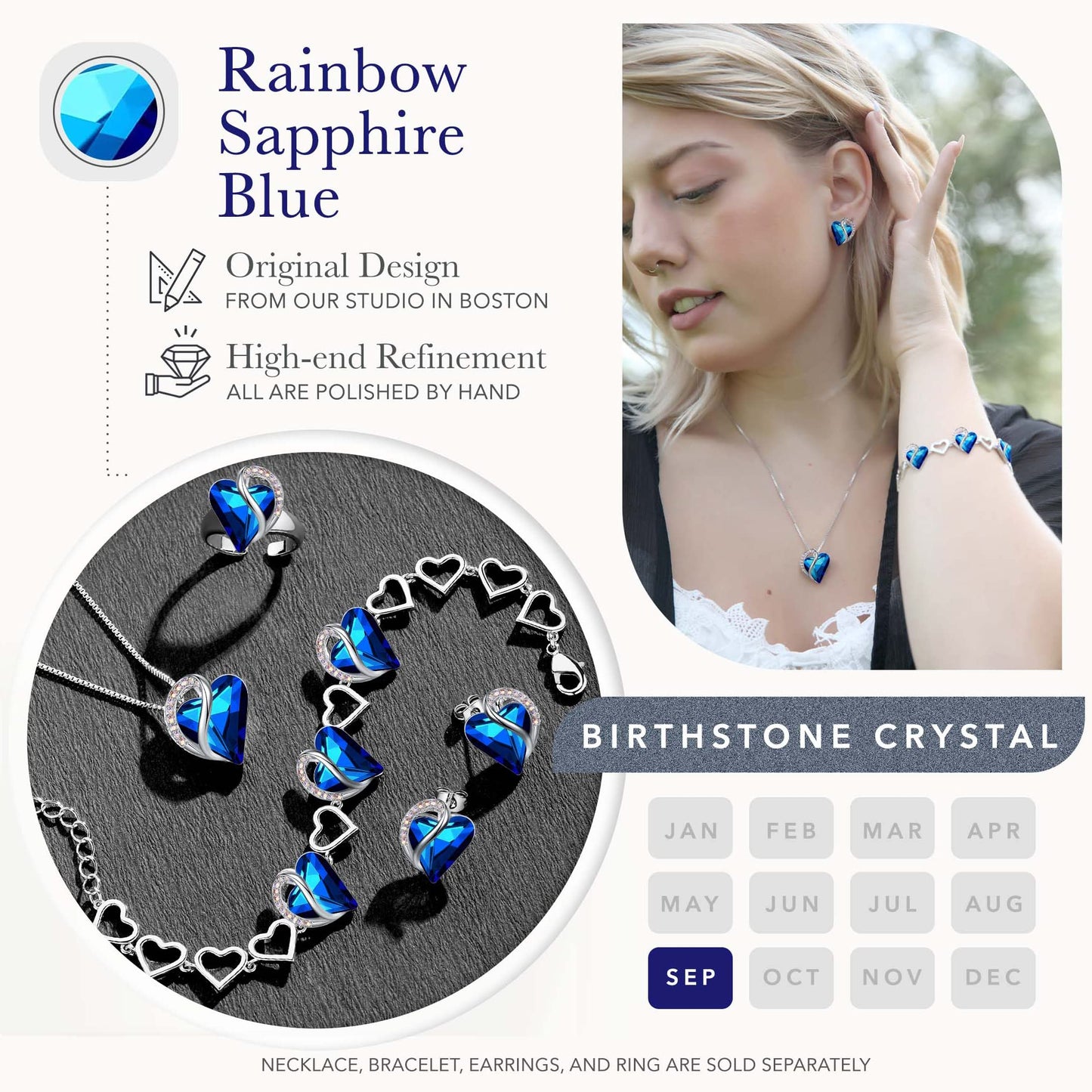 Leafael Infinity Love Heart Gift Bracelet for Women, September Birthstone Crystal, Rainbow Blue, Silver Tone, 7-inch Chain and 2-inch Extender